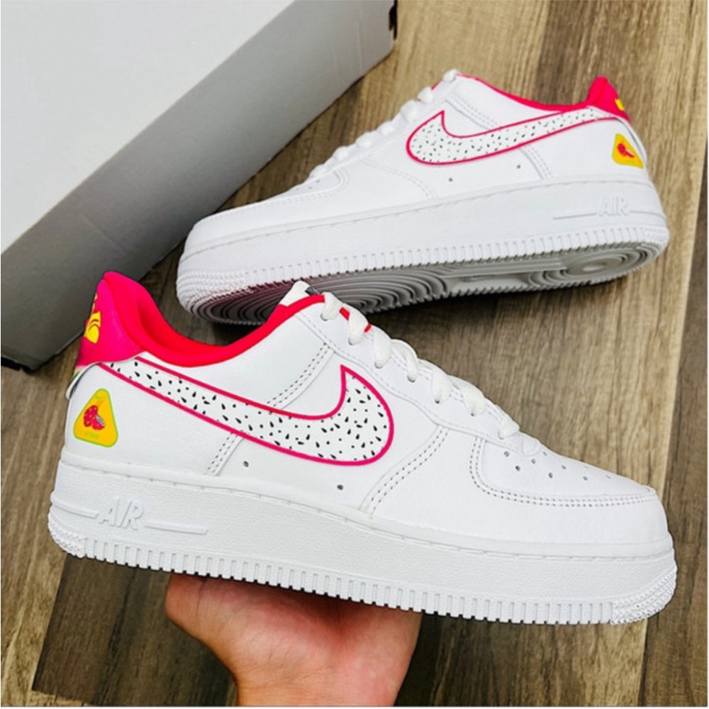 Nike Air Force 1'07 LX White Sneakers with Hot Pink Trim and Multicolor Heel